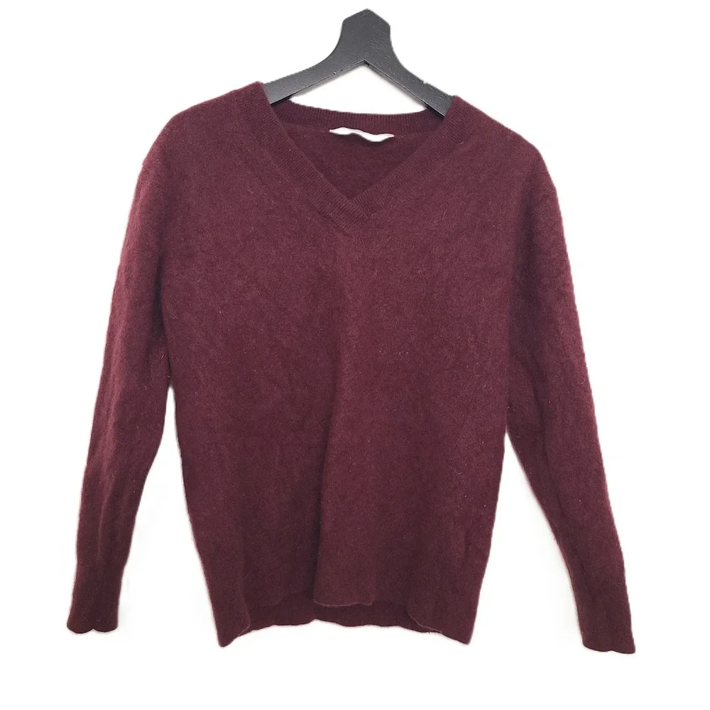 Everlane 100% Cashmere Burgundy Plum SMALL V Neck Sweater Wine Purple Old Money‎